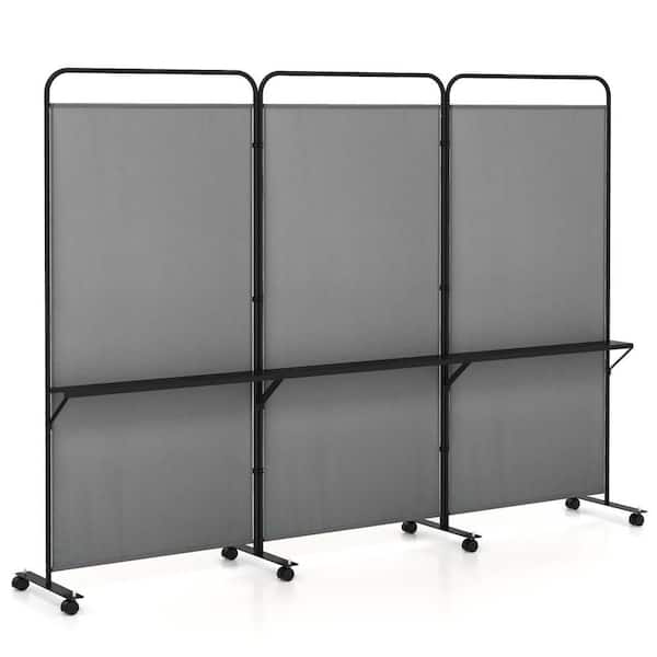 Costway 74 in. Tall Gray 3-Panel Room Divider with Storage Shelves Folding Privacy Screen on Wheels