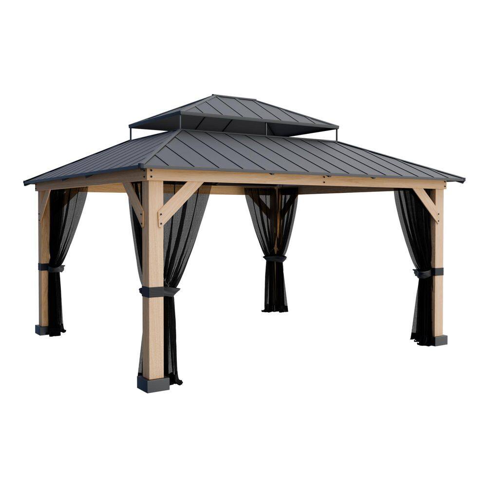 11 ft. x 13 ft. Outdoor Patio Cendar Wood Hardtop Gazebo with Double Roof, Mesh and Ceiling Hook price history on PriceWatchPro