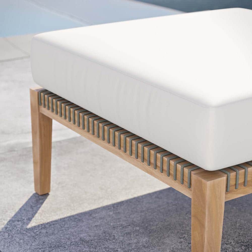 Clearwater Grade A Teak Wood Outdoor Ottoman with Gray White Cushion