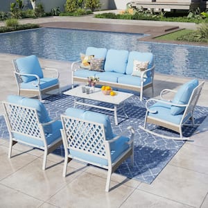 White 6-Piece Metal Outdoor Patio Conversation Seating Set with Rocking Chairs, Marbling Coffee Table and blue Cushions