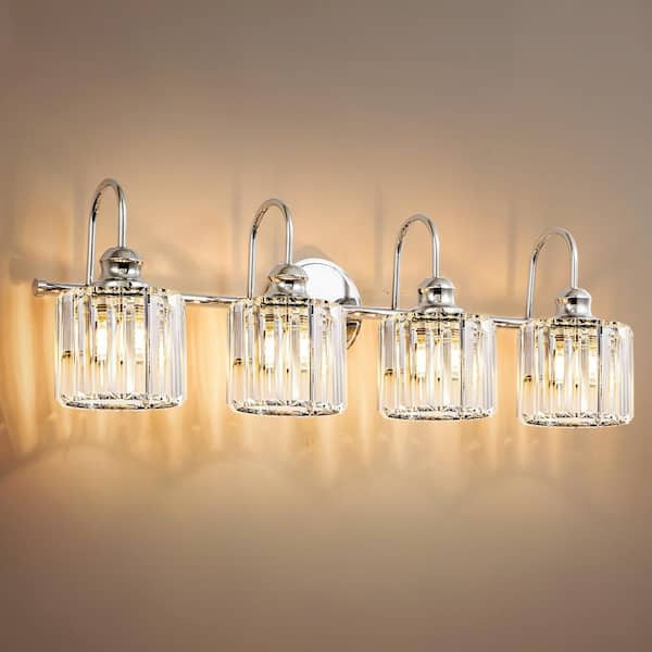 Katherine 10.2 in. 4-Light Modern Chrome Bathroom Vanity Light with Round Crystal Shades