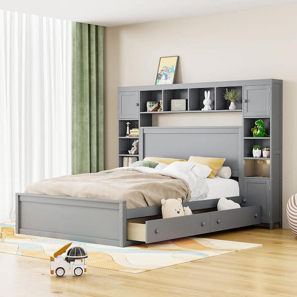 Polibi Gray Wood Frame Queen Size Platform Bed with All-in-One Cabinet,Shelf and Sockets