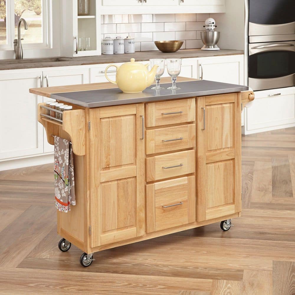 Natural Wood Kitchen Cart with Stainless Steel Top and Drop Leaf