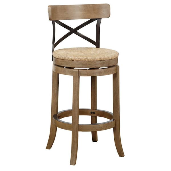 Benjara 42.75 in. Natural Brown Crossed Metal High Back Swivel Barstool with Sedge Seat