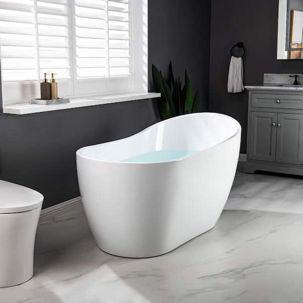 Lannion 54 in. Acrylic Freestanding Single Slipper Flat Bottom Soaking Bathtub with Drain and Overflow Included in White