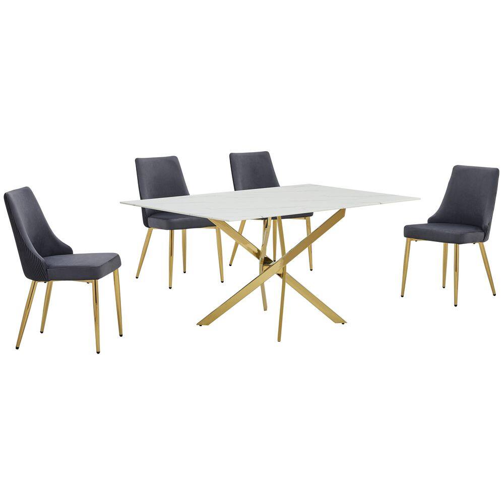 Esteban 5-Piece Marble Wrap Glass Top Cross Leg Base Dining Set With 4 Dark Grey Gold Chrome Chairs price history on PriceWatchPro