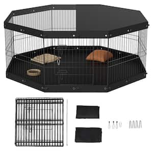 24" H 8 Panels Foldable Metal Dog Exercise Pen with Top Cover and Bottom Pad Pet Fence with Ground Stakes