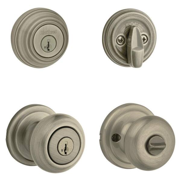 Kwikset Juno Antique Brass Exterior Entry Door Knob and Single Cylinder  Deadbolt Combo Pack Featuring SmartKey Security 991J SMT CP The Home  Depot