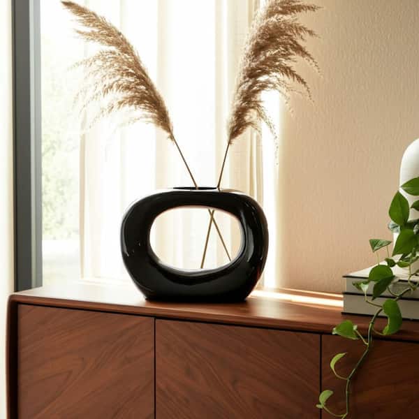 11 in. Black Ceramic Geometric Oval Decorative Vase
