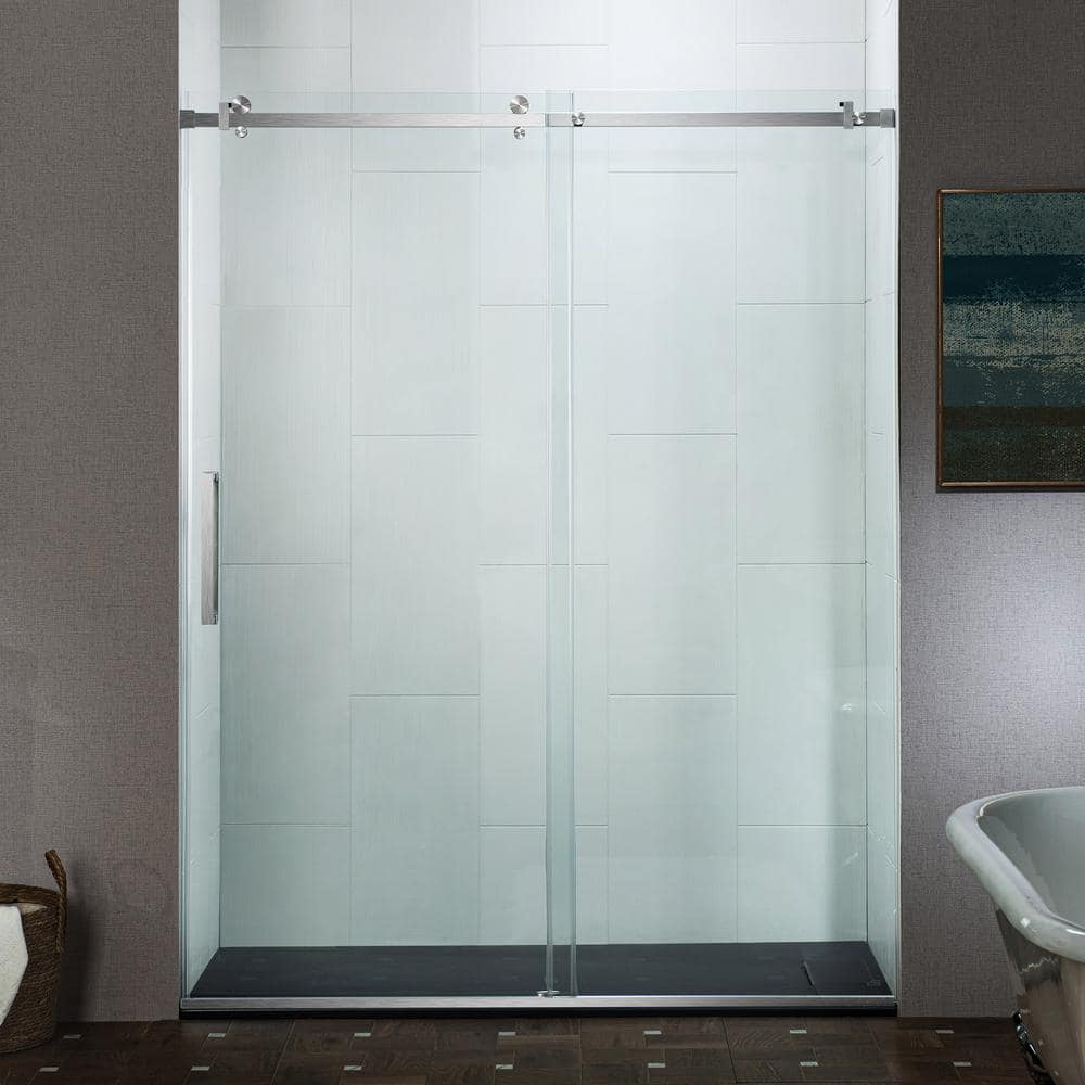 Brushed Nickel Frameless Sliding Shower Door with Clear Tempered Glass