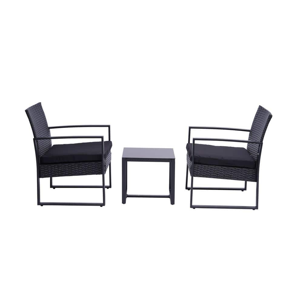 Black 3-Piece Outdoor Wicker Patio Conversation Sets with Coffee Table and 