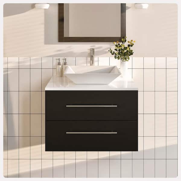 Eviva Totti Wave 24 in. W x 21 in. D x 22 in. H Bathroom Vanity in Espresso with White Glassos Top with White Sink