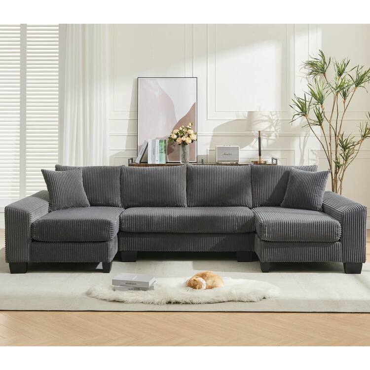 anpport Modern 114 in. Square Arm 3-piece U-Shaped Corduroy Sectional Sofa in. Dark Gray with Chaise Lounge