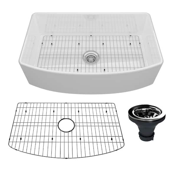 Dimakai 33 in. Farmhouse Apron Front Curved Single Bowl White Fireclay Kitchen Sink With Draining Grid