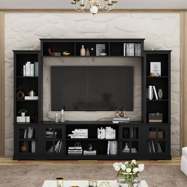 Black Wood TV Stand Fits TV's up to 75 in. with Top Open Shelves, Bookcase and Tempered Glass Door Cabinet
