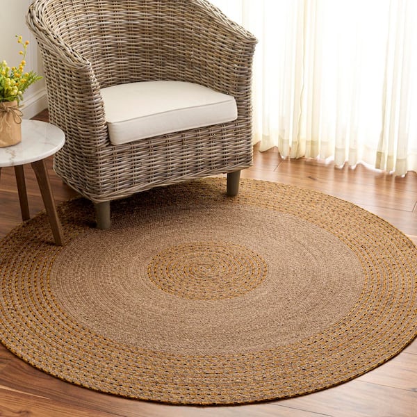 Braided 5 ft. x 5 ft. Round Natural/Gold Concentric Border Striped Area Rug