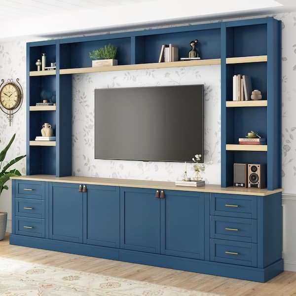 Navy Blue TV Stand 102.3 in Entertainment Center Fits TVs up to 75 in with Shelf, Bookshelves, 6 Drawers