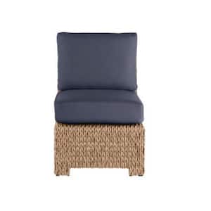 Laguna Point Tan Wicker Armless Middle Outdoor Patio Sectional Chair with CushionGuard Midnight Navy Blue Cushions