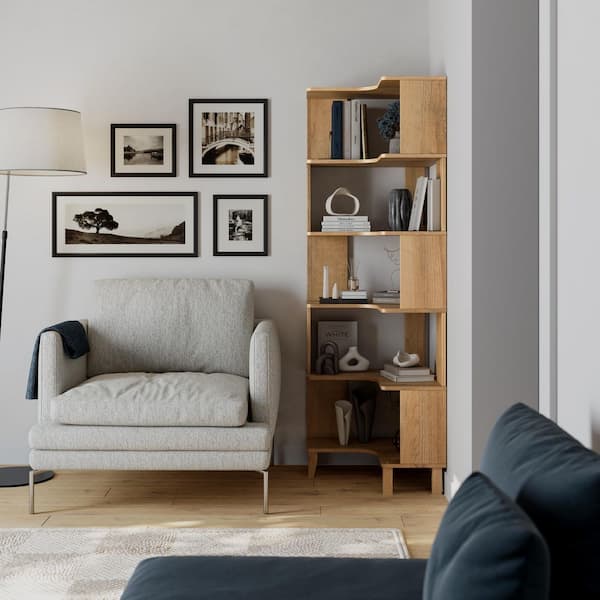 Prepac Nordik 71.5 in. Natural Oak L-Shaped Engineered Wood Bookcase, Corner Bookshelf with Storage for Home Office Living Room