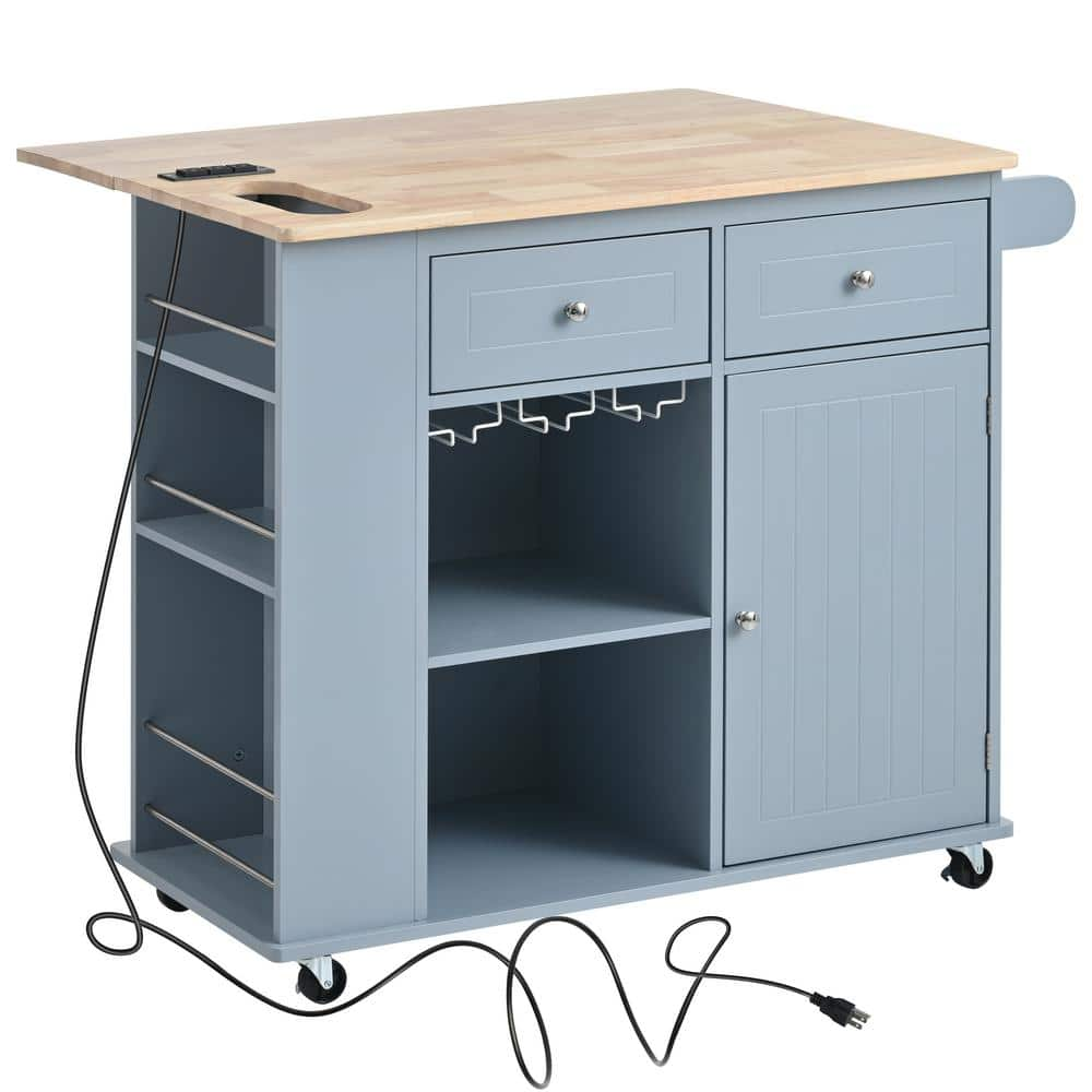 Blue Wood 39.8 in. Kitchen Island with Adjustable Storage and Side Shelving