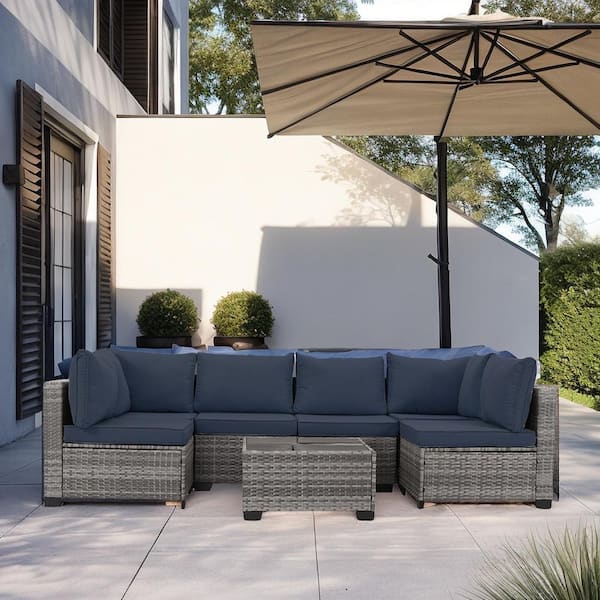 Unbranded 7-Piece Gray Rattan Wicker Outdoor Patio Sectional Sofa Set with Blue Cushions