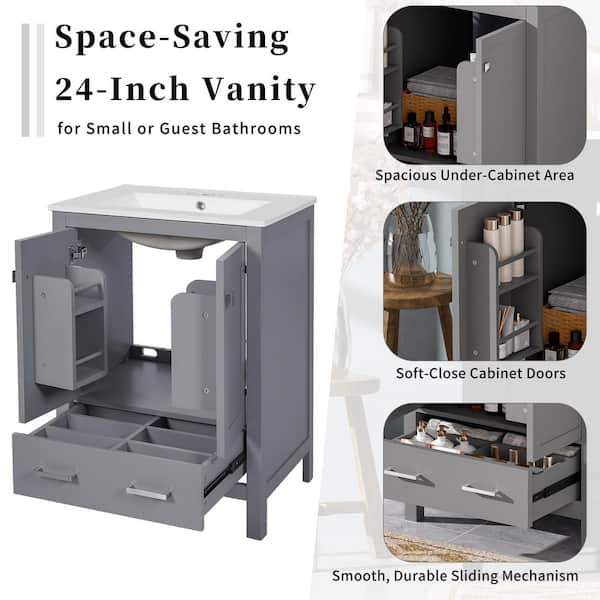 24 in. W Single Sink Modern Freestanding Gray Bath Vanity with White Ceramic Top Door Storage Rack (Unassembled)
