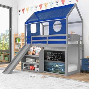 Gray Twin over Twin Wood House Bunk Bed with Blue Tent, Slide, Shelves, Blackboard, and Ladder