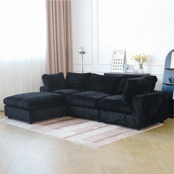 78.7 in. Square Arm Faux Rabbit Fur Velvet 4-Piece Loveseat Cloud Modular Sectional Sofa with Washable Covers in Black