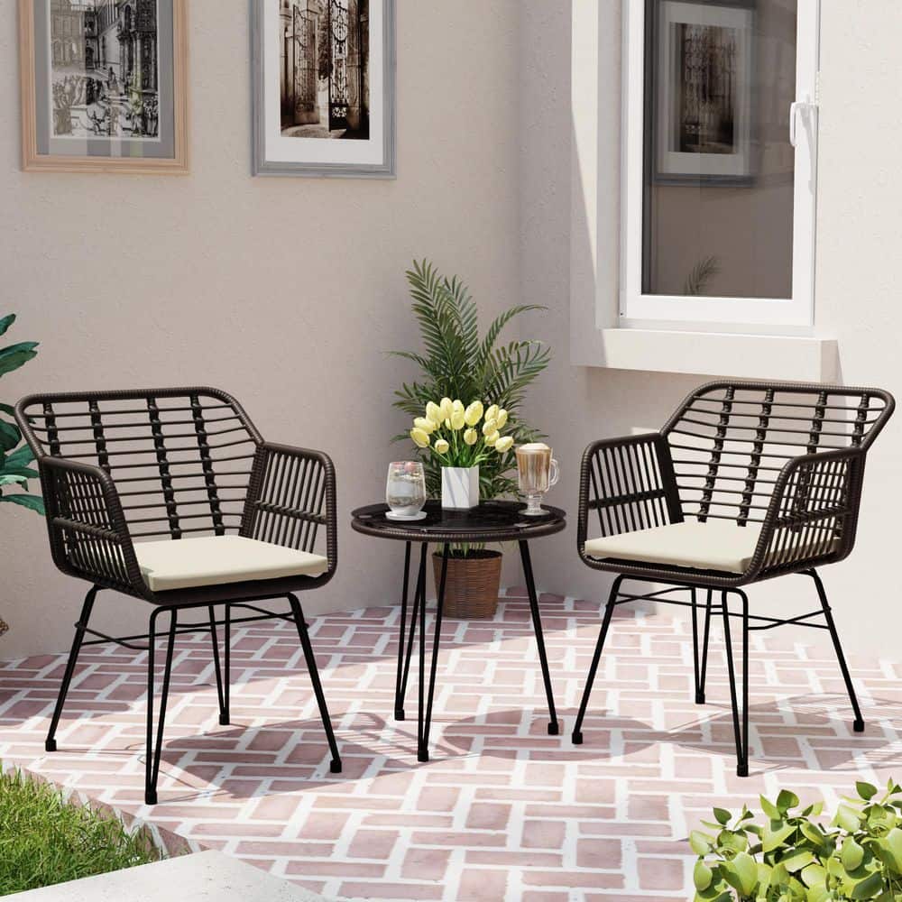 3-Piece Wicker Outdoor Patio Bistro Sets Conversation Set with Lonuge Chair, Round Table and Beige Cushions price history on PriceWatchPro