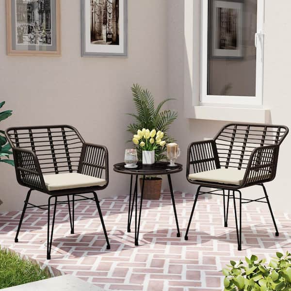 Esunny 3-Piece Wicker Outdoor Patio Bistro Sets Conversation Set with Lonuge Chair, Round Table and Beige Cushions