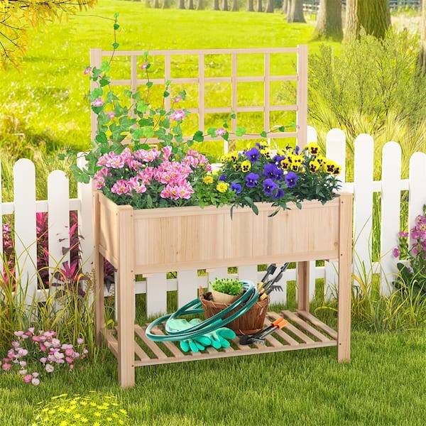 Raised Garden Bed Elevated Wooden Planter Box with Trellis and Open Storage Shelf