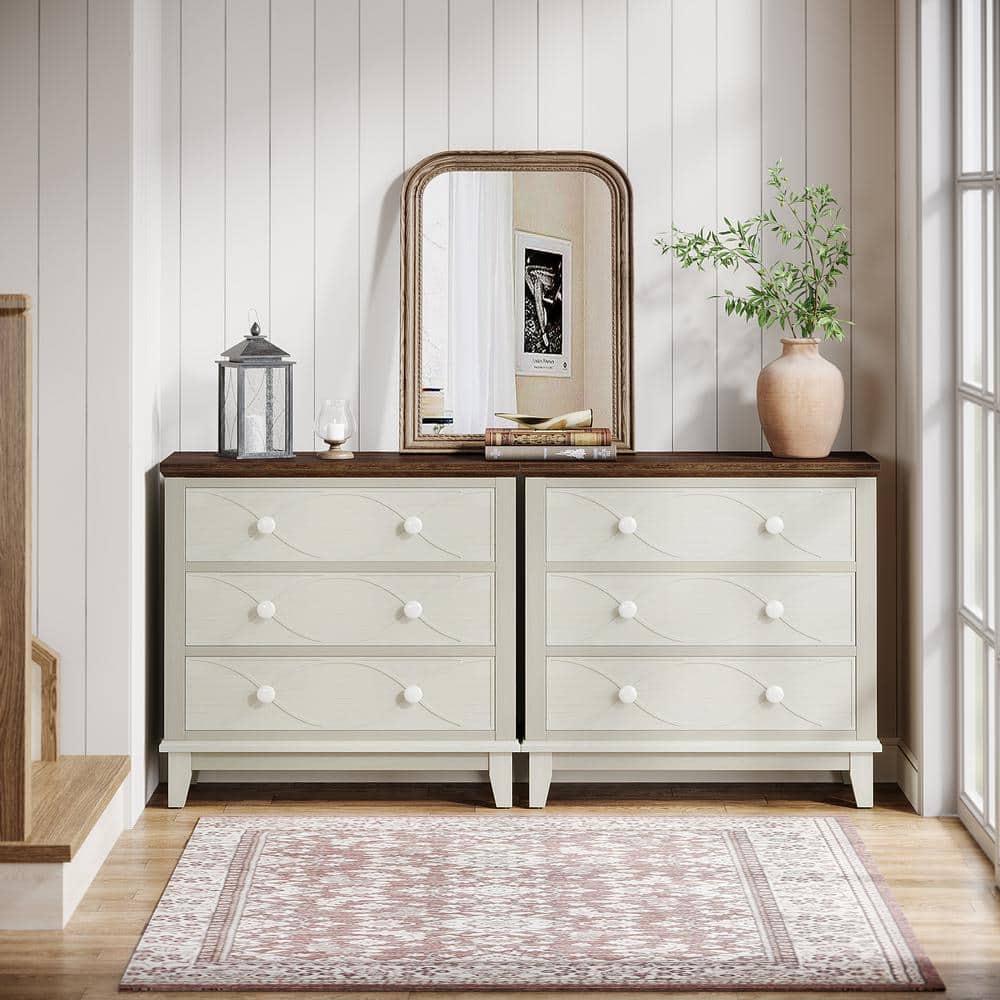 Distressed White and Brown 3-Drawer Farmhouse Nightstand