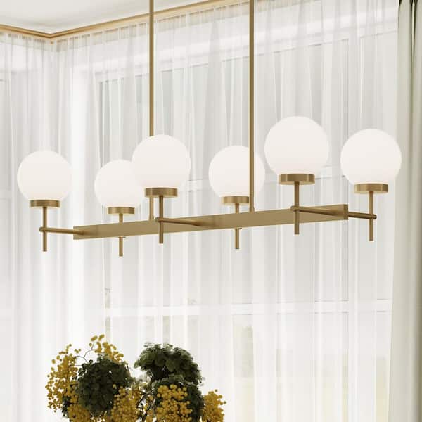 Rigsby 6-Light Brushed Gold Transitional Empire Linear Rectangle Chandelier with Opal Glass Shades