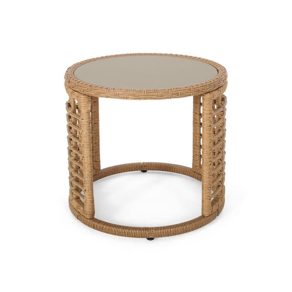 Unbranded Light Brown Modern Boho Rattan & Steel Outdoor Side Table with Tempered Glass Top