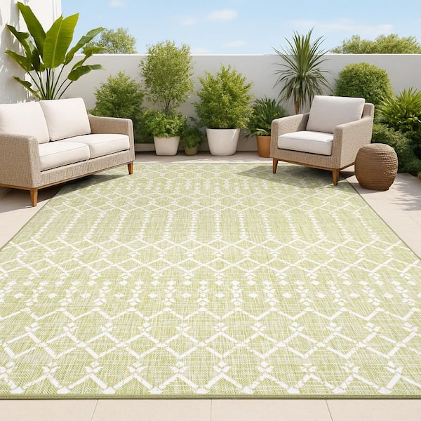 Ourika Moroccan Geometric Textured Weave Light Green/Cream 9 ft. x 12 ft. Indoor/Outdoor Area Rug