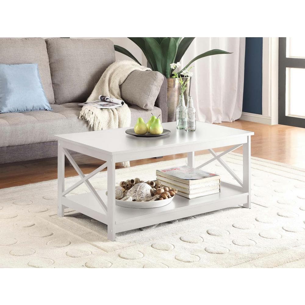 White Rectangular Wood Coffee Table with Shelf