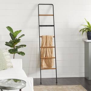72 in. Black Metal Slim 3 Hook Ladder with 5 Brown Wood Rungs