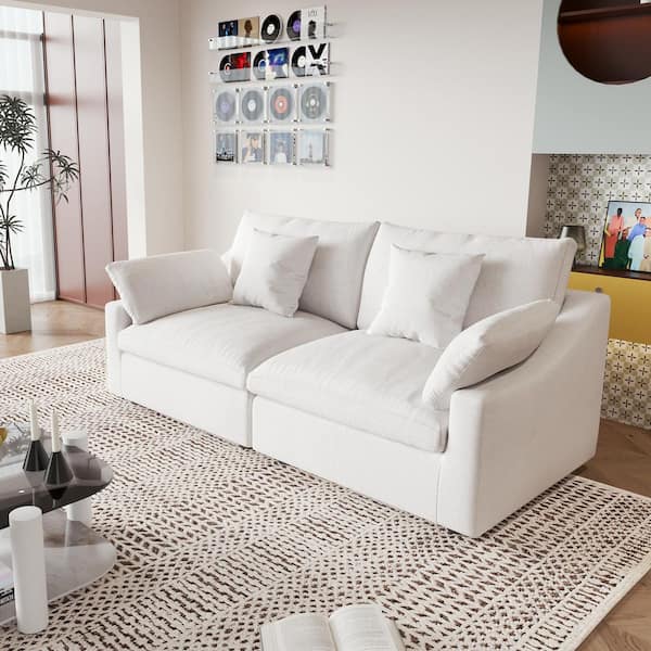 Modular Large Seat 83 in. Plush Linen Wood Framed Loveseat Cloud Couch Sofa in White with Washable Cover for Apartment