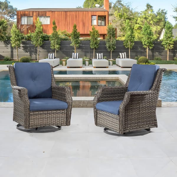 Gardenbee Wicker Patio Outdoor Lounge Chair Swivel Rocking Chair with Blue Cushions (2-Pack)