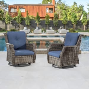 Wicker Patio Outdoor Lounge Chair Swivel Rocking Chair with Blue Cushions (2-Pack)