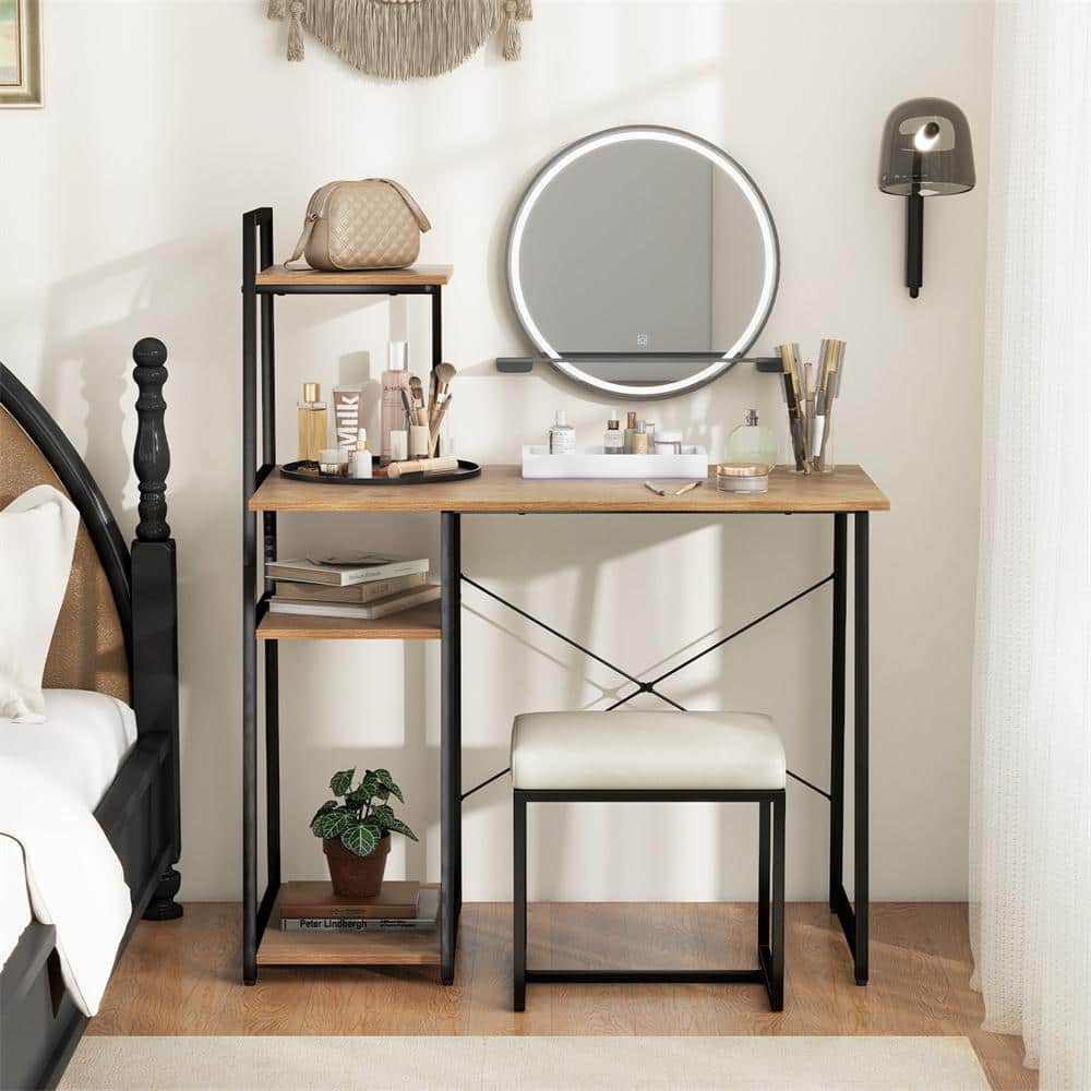 Natural Wood and Metal 4-Tier Computer Desk with Shelves