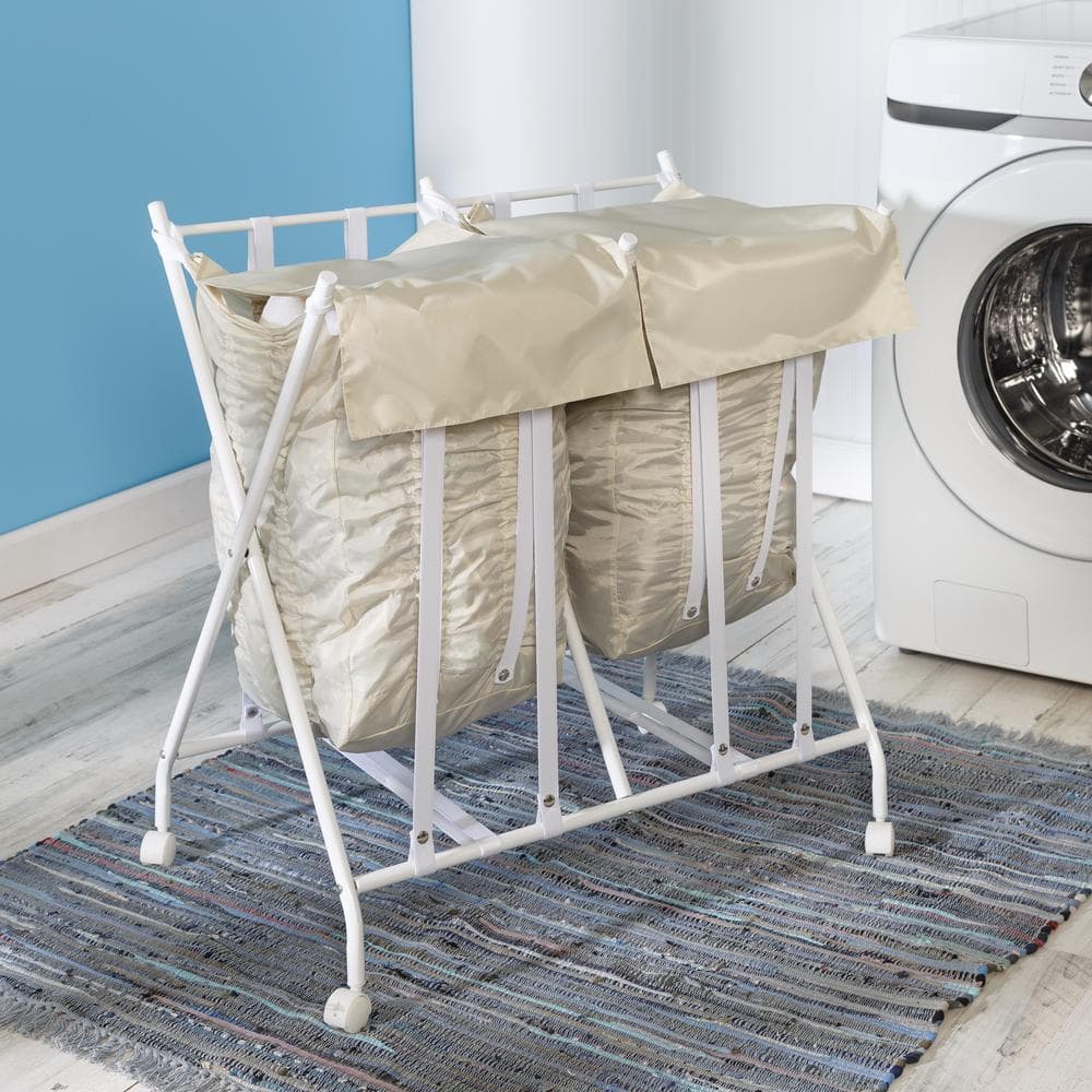 White and Natural Collapsible Double Laundry Hamper with Wheels