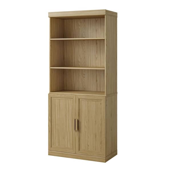 72 in. Tall Natural Wood 4-Shelf Standard Bookcase with Adjustable Shelves, Doors Storage