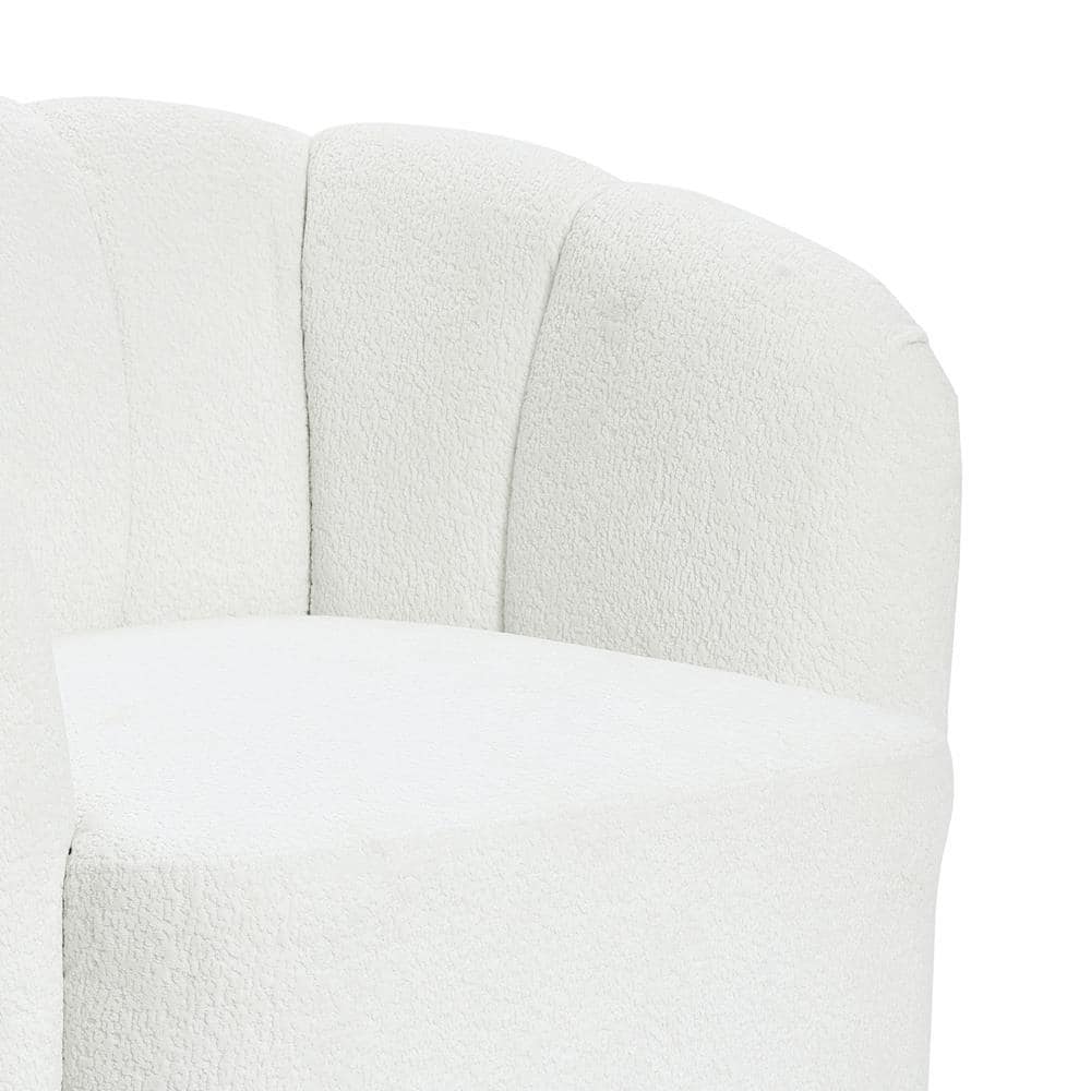 Ivory Boucle Swivel Barrel Accent Chair with Floral Backrest