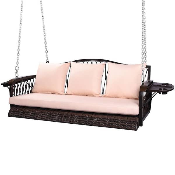 3-Person Brown Wicker Porch Swing with Khaki Cushions, Cotton Rope Design Back