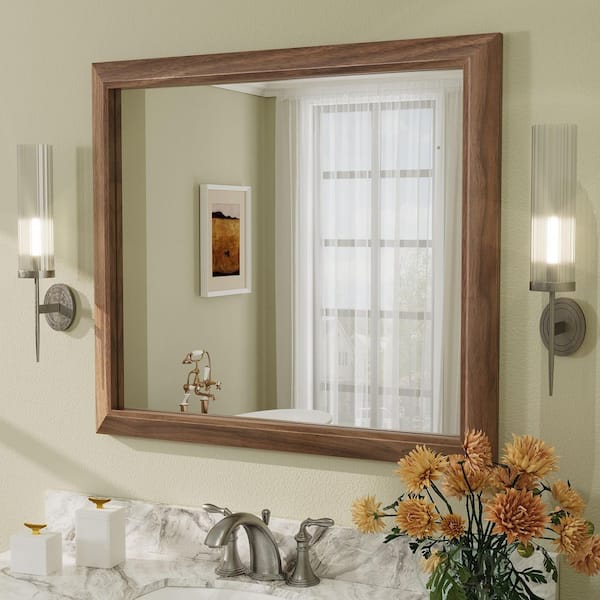 32 in. W x 36 in. H Rectangular Aluminum Alloy Framed and Tempered Glass Wall Bathroom Vanity Mirror in Dark Brown Wood