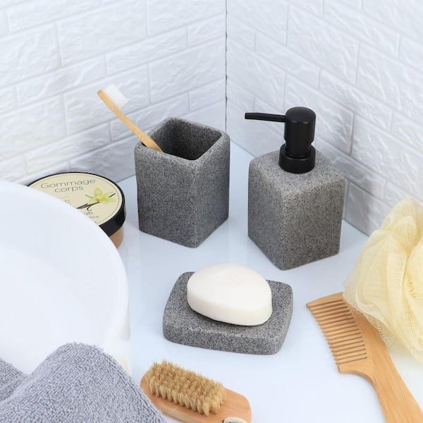 Kitchen Soap Dispenser Set with Tray , Ceramic Material,Durable (Grey+Grey)