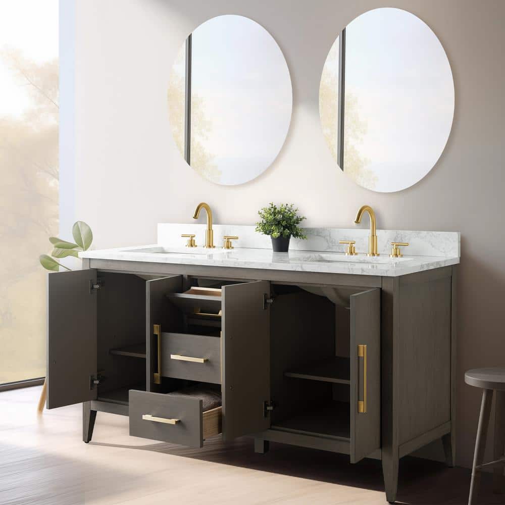 60" Driftwood Gray Double Sink Bathroom Vanity with Marble Countertop