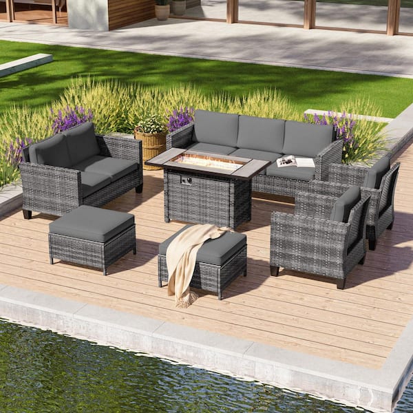Sonkuki 7-Pieces Patio Conversation Set with Rectangle Fire Pit Table and Loveseat Sofa, Gray Wicker with Gray Cushions