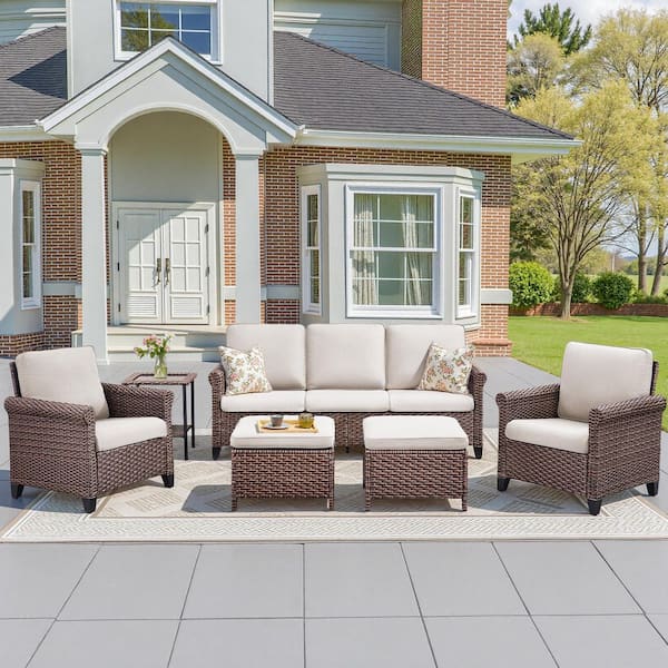 Buenaola Nyajiah 6-Piece Wicker Patio Conversation Set with Beige Cushions